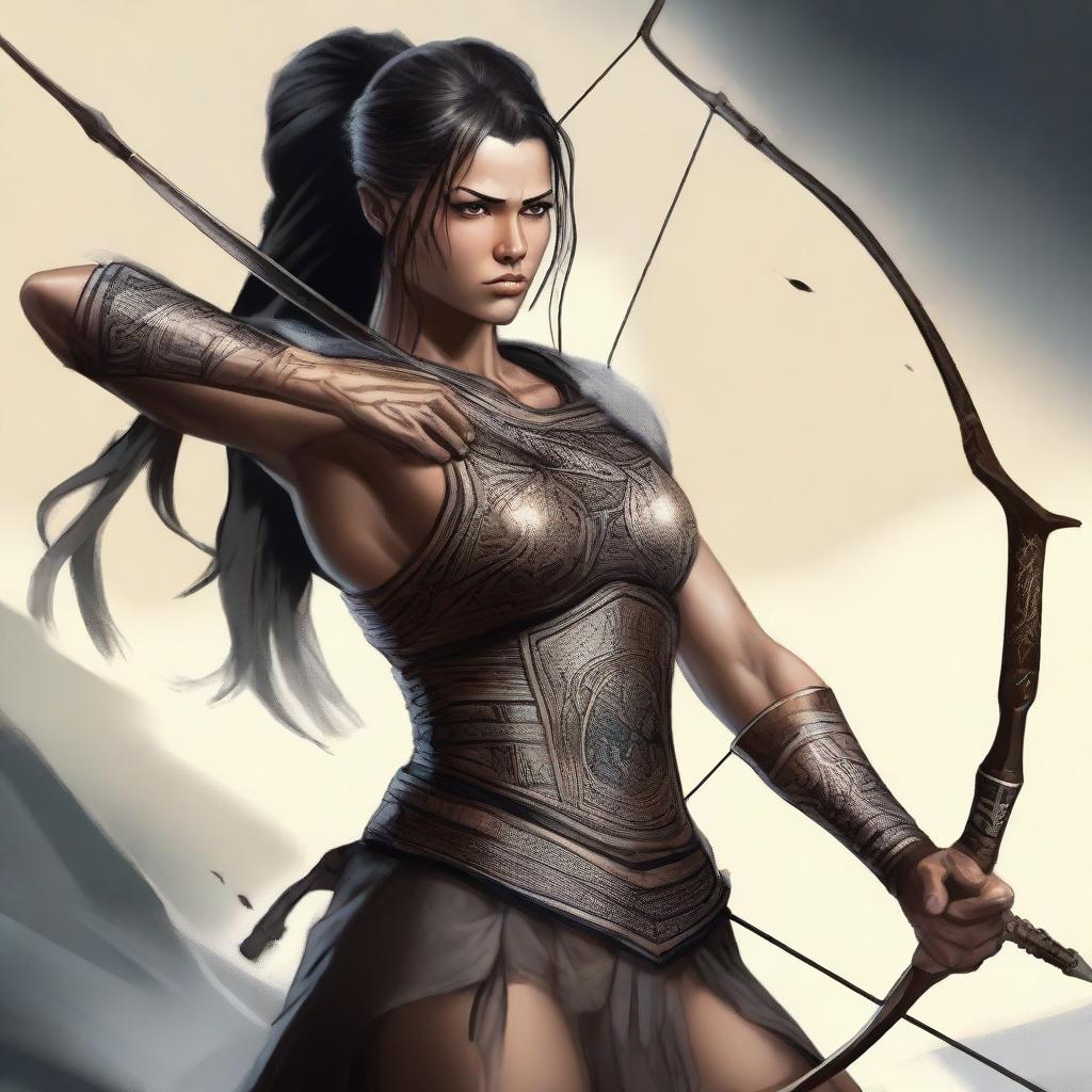 A fierce female warrior with a longbow, dark hair in a ponytail with bangs, adult, adorned with tattoos, wearing a tunic