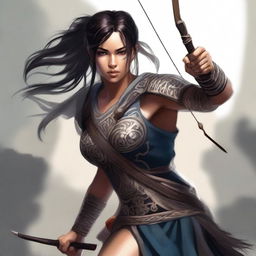 A fierce female warrior with a longbow, dark hair in a ponytail with bangs, adult, adorned with tattoos, wearing a tunic