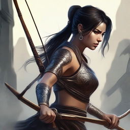 A fierce female warrior with a longbow, dark hair in a ponytail with bangs, adult, adorned with tattoos, wearing a tunic