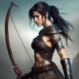 A fierce female warrior with a longbow, dark hair in a ponytail with bangs, adult, adorned with tattoos, wearing a tunic