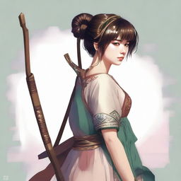 A brunette woman with a short ponytail and bangs, holding a long bow and wearing a tunic