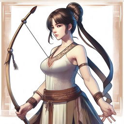 A brunette woman with a short ponytail and bangs, holding a long bow and wearing a tunic