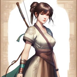 A brunette woman with a short ponytail and bangs, holding a long bow and wearing a tunic