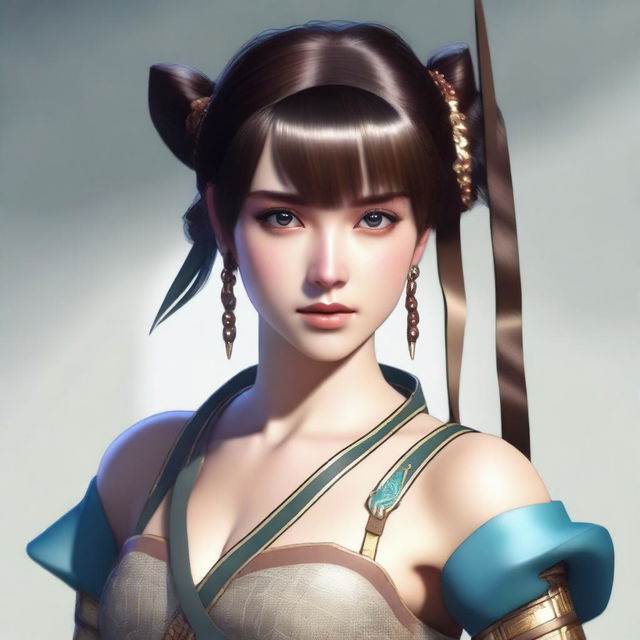 A brunette woman with a short ponytail and bangs, holding a long bow and wearing a tunic