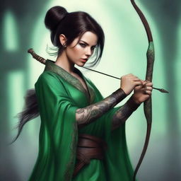 A wicked brunette with a ponytail and bangs, wearing tattoos and a green robe, holding a longbow