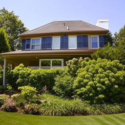 A peaceful and welcoming family home with a lush green front yard, detailed brickwork, large windows, and a sunny, warm atmosphere.