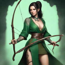 A wicked brunette with a ponytail and bangs, wearing tattoos and a green robe, holding a longbow