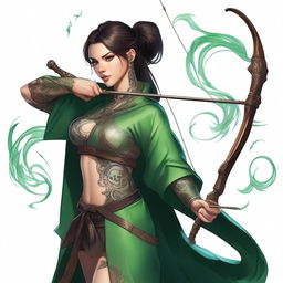 A wicked brunette with a ponytail and bangs, wearing tattoos and a green robe, holding a longbow