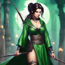 A wicked brunette with a ponytail and bangs, wearing tattoos and a green robe, holding a longbow