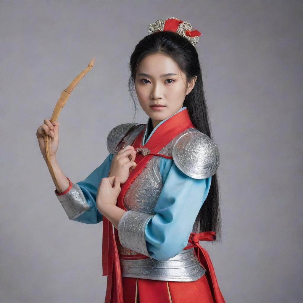 Chinese woman, dressed as a guard in traditional splint armor, her long hair elegantly tied up, holding a bow confidently, prepared for any encounter.