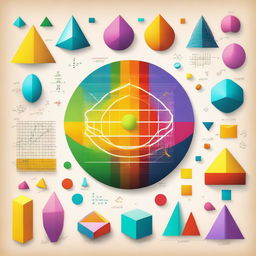 A visually engaging and colorful illustration of various mathematical concepts, including geometric shapes, equations, graphs, and symbols