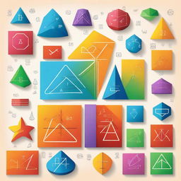 A visually engaging and colorful illustration of various mathematical concepts, including geometric shapes, equations, graphs, and symbols