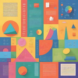 A visually engaging and colorful illustration of various mathematical concepts, including geometric shapes, equations, graphs, and symbols