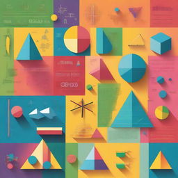 A visually engaging and colorful illustration of various mathematical concepts, including geometric shapes, equations, graphs, and symbols