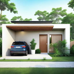 Create a realistic single-story house with dimensions of 5x5 meters, featuring one bedroom and one bathroom in a modern and minimalist style