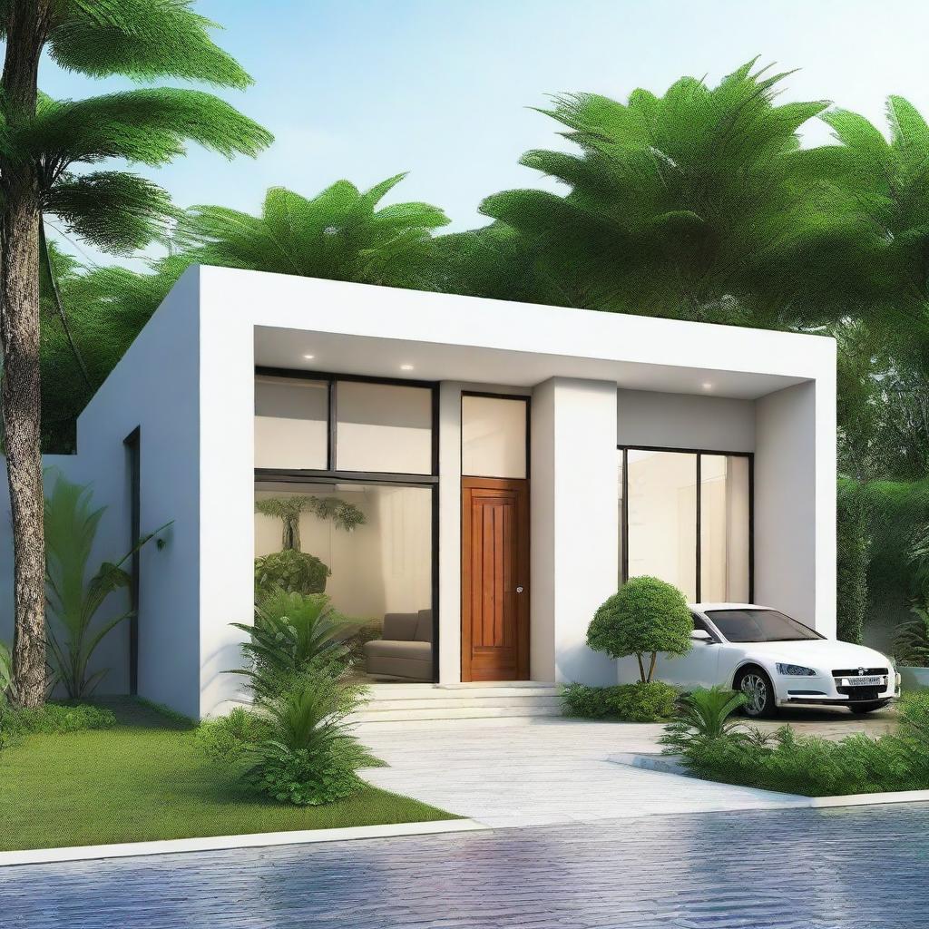 Create a realistic single-story house with dimensions of 5x5 meters, featuring one bedroom and one bathroom in a modern and minimalist style