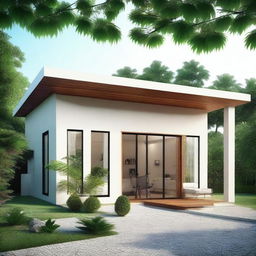 Create a realistic single-story house with dimensions of 5x5 meters, featuring one bedroom and one bathroom in a modern and minimalist style