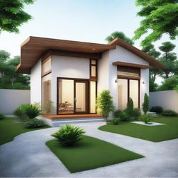 Create a realistic single-story house with dimensions of 5x5 meters, featuring one bedroom and one bathroom in a modern and minimalist style