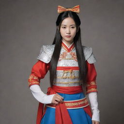 Chinese woman, dressed as a guard in traditional splint armor, her long hair elegantly tied up, holding a bow confidently, prepared for any encounter.