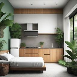 Design a modern 5x5 meter room with an attached bathroom and a small kitchen in a tropical style