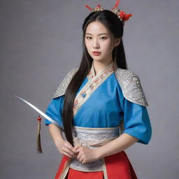 Chinese woman, dressed as a guard in traditional splint armor, her long hair elegantly tied up, holding a bow confidently, prepared for any encounter.