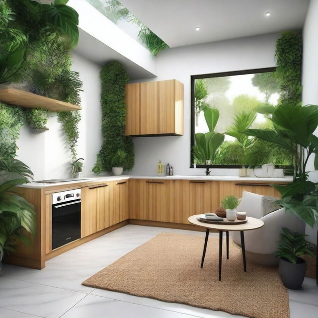 Design a modern 5x5 meter room with an attached bathroom and a small kitchen in a tropical style