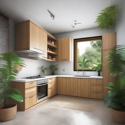 Design a modern 5x5 meter room with an attached bathroom and a small kitchen in a tropical style