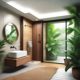 Design a modern 5x5 meter room with an attached bathroom in a tropical style