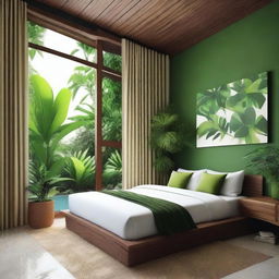 Design a modern 5x5 meter room with an attached bathroom in a tropical style