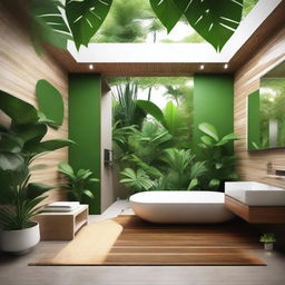 Design a modern 5x5 meter room with an attached bathroom in a tropical style