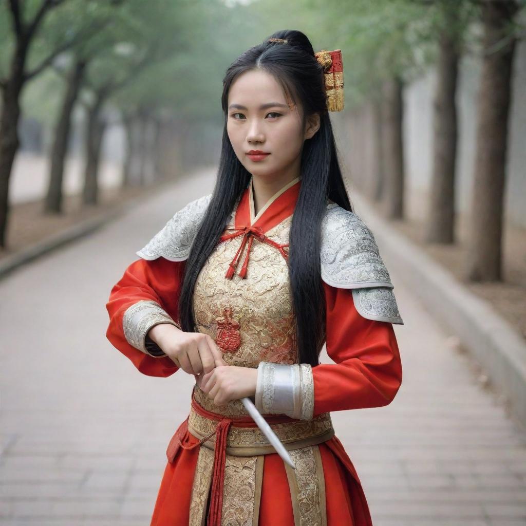 Chinese woman, dressed as a guard in traditional splint armor, her long hair elegantly tied up, holding a bow confidently, prepared for any encounter.