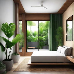 Design a modern 5x5 meter room with an attached bathroom in a tropical style