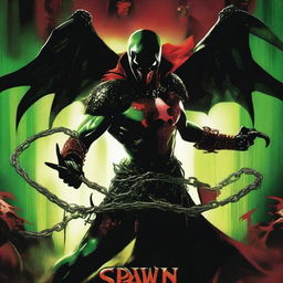 A dramatic movie poster featuring Spawn dueling a black female Morana in the depths of Hell