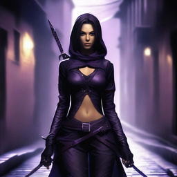 An innocent-looking rogue with purple daggers in her hands and a long bow on her back, dressed in black