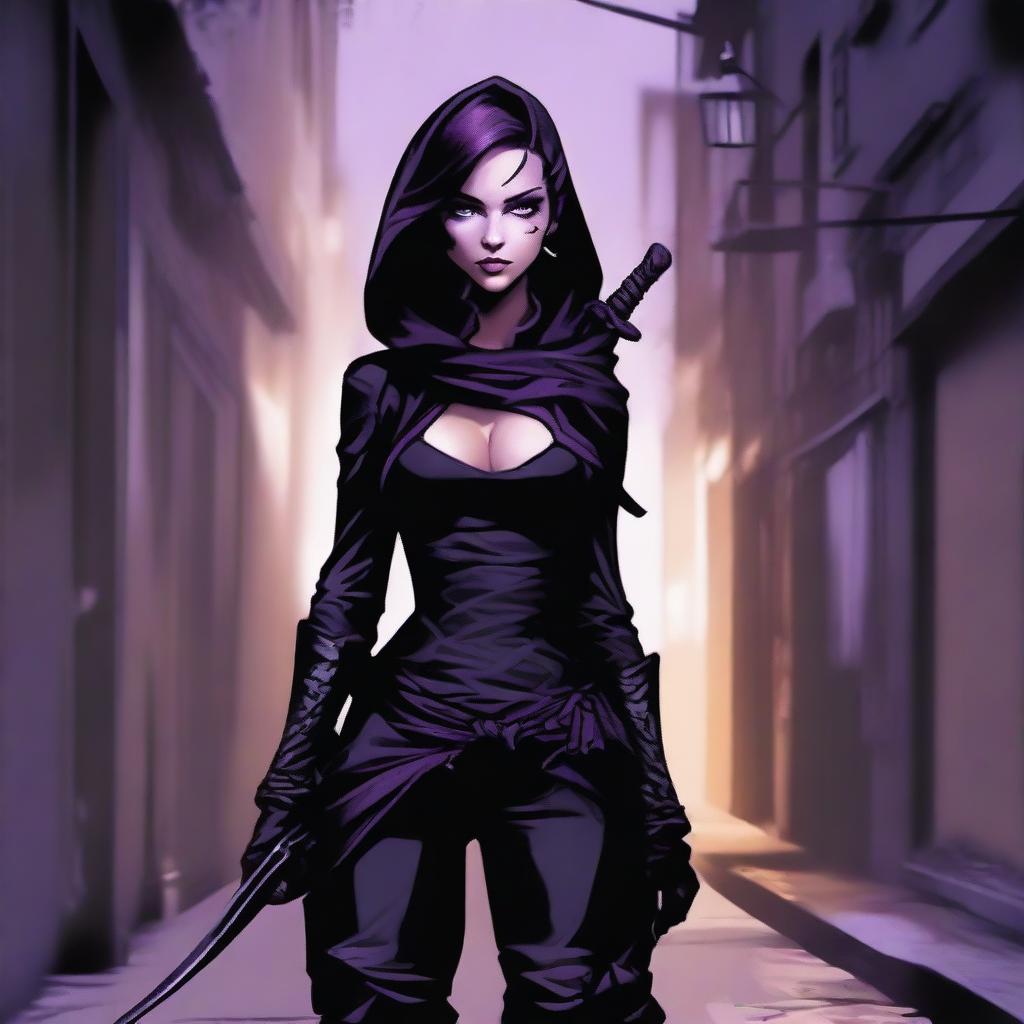 An innocent-looking rogue with purple daggers in her hands and a long bow on her back, dressed in black