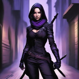 An innocent-looking rogue with purple daggers in her hands and a long bow on her back, dressed in black