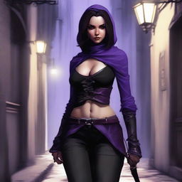 An innocent-looking rogue with purple daggers in her hands and a long bow on her back, dressed in black