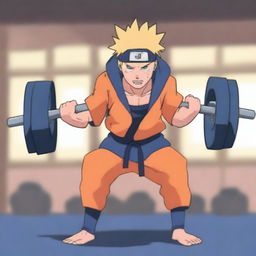 Naruto Uzumaki lifting weights in a gym, showing his determination and strength