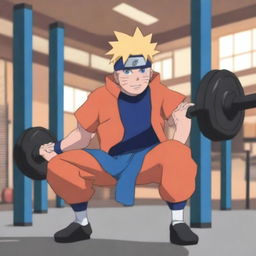 Naruto Uzumaki lifting weights in a gym, showing his determination and strength