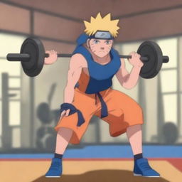 Naruto Uzumaki lifting weights in a gym, showing his determination and strength