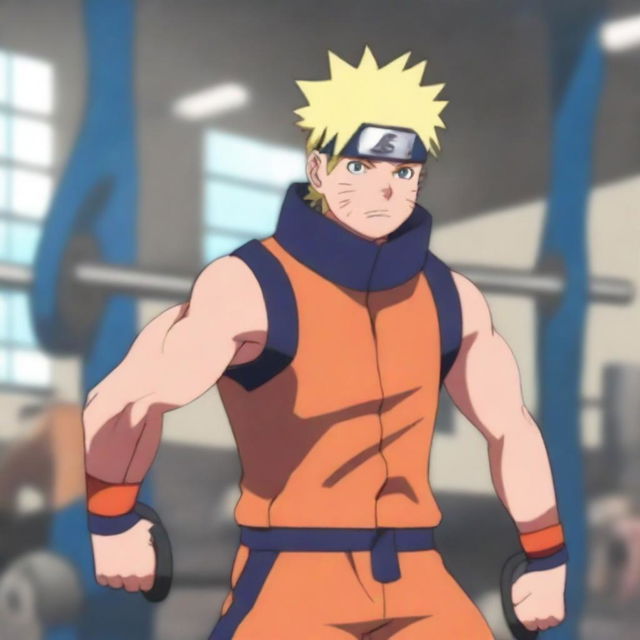 Naruto Uzumaki lifting weights in a gym, showing his determination and strength