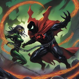 Spawn battling a black female version of himself in a dark and fiery landscape