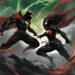 Spawn battling a black female version of himself in a dark and fiery landscape