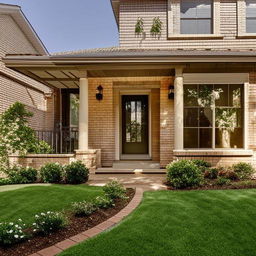 A peaceful and welcoming family home with a lush green front yard, detailed brickwork, large windows, and a sunny, warm atmosphere.