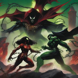 Spawn battling a black female version of himself in a dark and fiery landscape