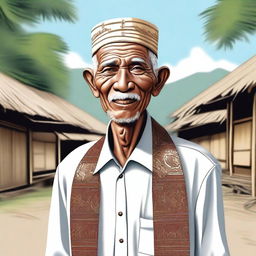 A detailed and heartwarming illustration of an elderly man from Aceh, Indonesia