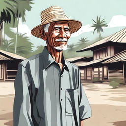 A detailed and heartwarming illustration of an elderly man from Aceh, Indonesia