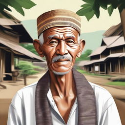 A detailed and heartwarming illustration of an elderly man from Aceh, Indonesia