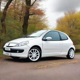 A detailed image of a Peugeot 206 car fitted with white Volk Rays TE37 rims