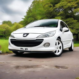 A detailed image of a Peugeot 206 car fitted with white Volk Rays TE37 rims